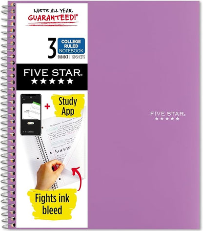 Five Star Spiral Notebook + Study App, 3 Subject, College Ruled Paper, Fights Ink Bleed, Water Resistant Cover, 8-1/2" x 11", 150 Sheets, Purple (38746)