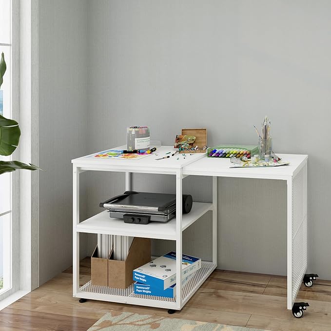 Natwind Large Printer Stand with Storage Shelves,Extendable Home Craft Table,Home Office Organization Desk, Versatile Table for Home Office, Kitchen, Study Room, Living Room (White)