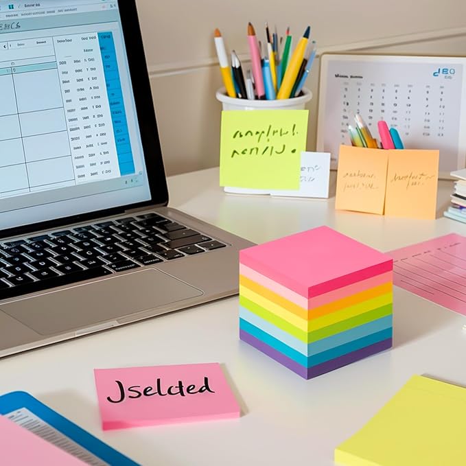 HappyHapi Sticky Notes 3x3 Inches Bulk 8 Pack Colored Self-Stick Pads, Colorful Sticky Notes 80 Sheets/Pad, Easy to Post for Office Supplies, School, Home
