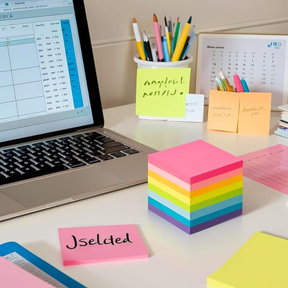 HappyHapi Sticky Notes 3x3 Inches Bulk 8 Pack Colored Self-Stick Pads, Colorful Sticky Notes 80 Sheets/Pad, Easy to Post for Office Supplies, School, Home