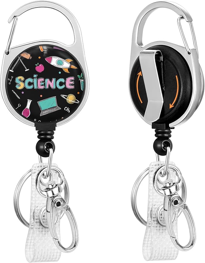 Gctriki Science Teacher Badge Reel Retractable with 360° Swivel Carabiner Clip, Fun Work ID Badge Holder Retractable Clip, Cute Students Nurse Teacher ID Card Holder Keychain Accessories Office Gifts
