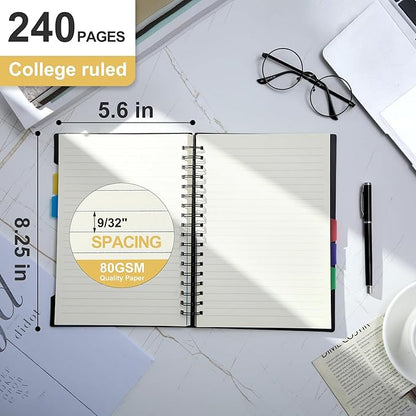 CAGIE 5 Subject Notebook for Work 240 Pages Spiral Notebooks College Ruled with Dividers Tabs A5 Small Note Book for School Office Supplies Note Taking, 5x7, Black