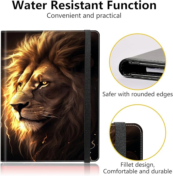 PU Leather Padfolio Clipboard Notepad with Pen Loop and Elastic Strap Interview/Resume Document Organizer for Business School Office,Lion with Lightning