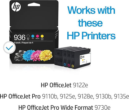 HP 936 Black, Cyan, Magenta, Yellow Ink Cartridges (4-pack) | Works with : OfficeJet 9122e; Pro: 9110b, 9125e, 9128e, 9130b, 9135e; OfficeJet Pro Wide Format 9730e | Eligible for Instant Ink | 6C3Z5LN