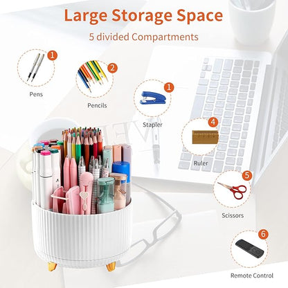 Desk Pencil Pen Holder, 5 Slots 360°Degree Rotating Pencil Pen Organizers for Desk, Desktop Storage Stationery Supplies Organizer, Cute Pencil Cup Pot for Office, School, Home, Art Supply, White