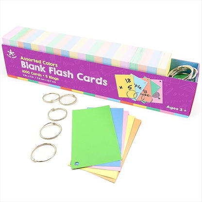 Star Right Assorted Colored Blank Flash Cards - 3x5 inches Blank Index Note Cards, Flash Cards Blank, 1000 Pre Hole Punched with Metal Binder Rings, Blank Flashcards for GMT Prep, Math, Language