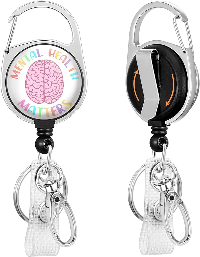 Mental Health Matters Badge Reel Holder Retractable Heavy Duty with 360° Swivel Carabiner Belt Clip, Cute Cartoon Brain Nurse Doctor Retractable Keychain ID Clip ID Holder Name Badge Clip