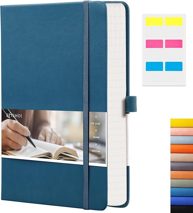 EMSHOI Lined Journaling Notebooks - 120gsm Thick Leather Journal with Sticky Notes, 256 Numbered Pages A5 Hardcover College Ruled Notebook for Women Men Work School Writing, 5.75" x 8.38"-LightBlue