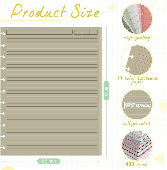 PerKoop 12 Pack 480 Sheets Colored Discbound Refill Paper 8.5 x 11 Inch College Ruled 11 Disc Letter Size Lined Paper Multicolored Refill Notebooks Disc Paper for Refill Paper Journaling(Novel Color)