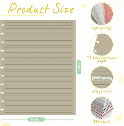 PerKoop 12 Pack 480 Sheets Colored Discbound Refill Paper 8.5 x 11 Inch College Ruled 11 Disc Letter Size Lined Paper Multicolored Refill Notebooks Disc Paper for Refill Paper Journaling(Novel Color)