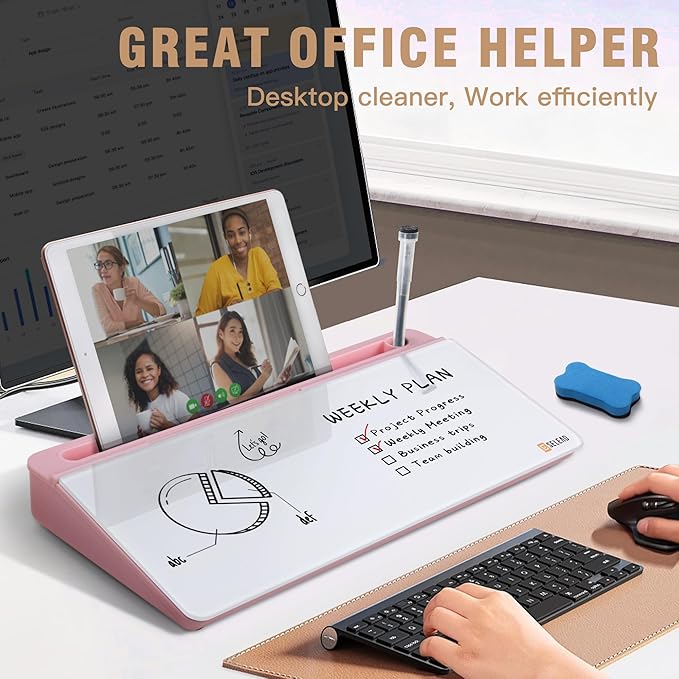 SELEAD Desktop Glass Whiteboard with Organizer & Built-in Mirror - Small Dry Erase White Board Computer Pad Keyboard Stand with Markers, Eraser, Holder for Women Girls - Pink