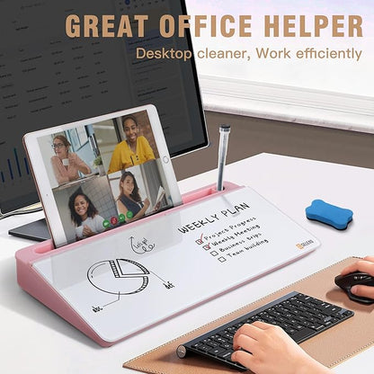 SELEAD Desktop Glass Whiteboard with Organizer & Built-in Mirror - Small Dry Erase White Board Computer Pad Keyboard Stand with Markers, Eraser, Holder for Women Girls - Pink
