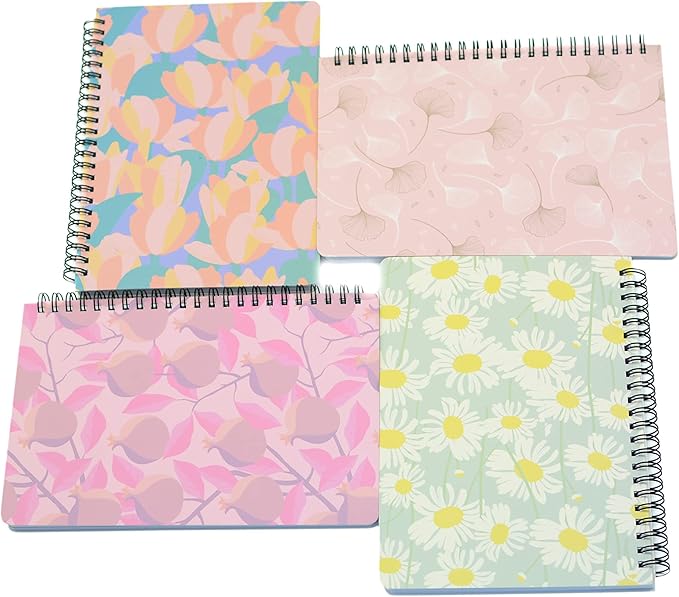 Yansanido Spiral Notebook, 4 Pcs A5 Thick Leaves Design Hardcover 8mm Ruled 4 Color 80 Sheets -160 Pages Journals for Study and Notes (Leaves)