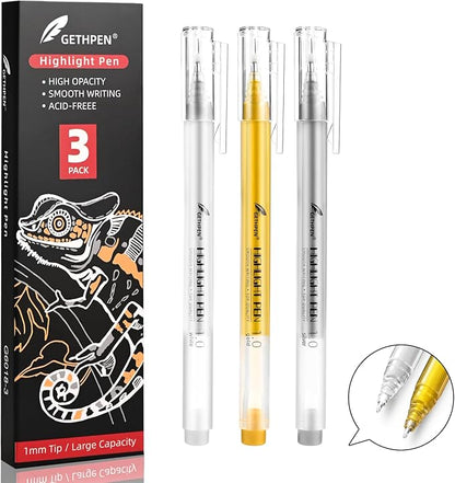 3 Colors Gel Pen Set - White,Gold and Silver Gel Ink Pens for Artists, White Gel Pen, White Ink Pen, White Pens for Black Paper, White Drawing Pens,White Pen for Artists Drawing