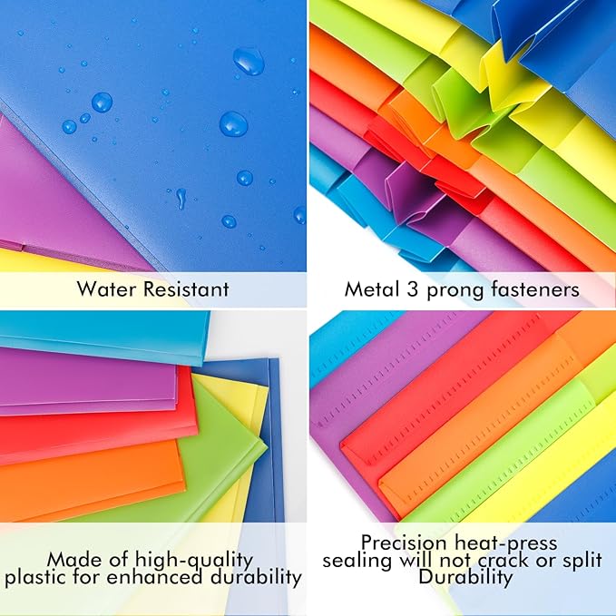Folders with Pockets and Prongs, 3 Prong Folders with Pockets, 2 Pocket Folders with Prongs for School Office Documents, Colorful Plastic Folders with 2 Pockets for Letter Size Paper/7 Pack