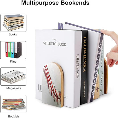 2 Pack Wood Bookends, Sport Ball Baseball Lace Non-Skid Book Ends for Heave Books, Decorative Bookends for Shelves Desk, Book Stoppers Book Holders for Home Office Library School
