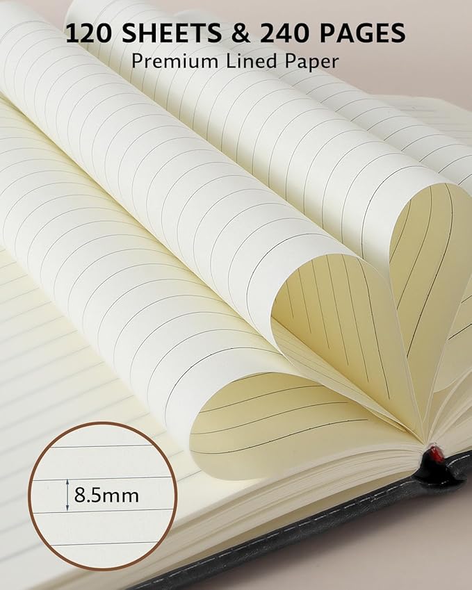 Leather Notebook Journal with Pen, A5 Lined Hardcover Notebook with Magnetic Closure, 240 Pages Daily Journal for Men Women, Ruled Journals Notebooks for Work, Writing, Note Taking - Black