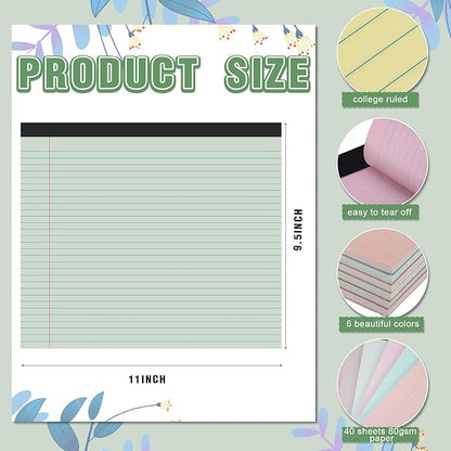 Lincia 11" x 9.5" Legal Pads College Ruled Notepad Landscape Notebook Horizontal Lined Notebook 80 Gsm Assorted Colors Paper Pastel Writing Pads for School Office, 40 Sheet(Boho Color,6 Pcs)