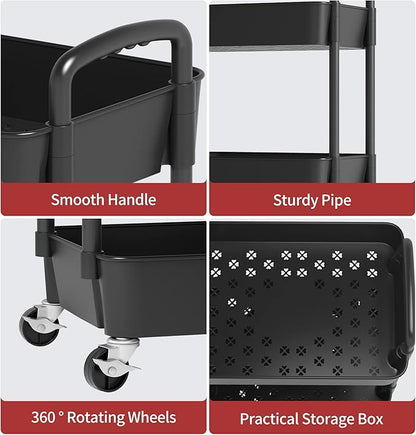 Sywhitta 4-Tier Plastic Rolling Utility Cart with Handle, Multi-Functional Storage Trolley for Office, Living Room, Kitchen, Movable Storage Organizer with Wheels, Black