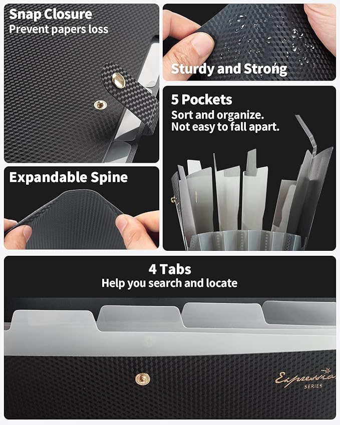 Sooez Expanding File Folder, Letter Size Accordion File Organizer, 5 Pocket Folders for Documents, Cute Folder with Labels, Portable Paper Organizer for School Office Supplies, A4 Size, White