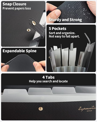 Sooez Expanding File Folder, Letter Size Accordion File Organizer, 5 Pocket Folders for Documents, Cute Folder with Labels, Portable Paper Organizer for School Office Supplies, A4 Size, White