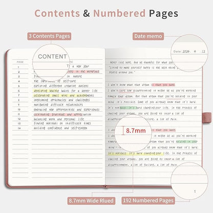 AHGXG Wide Ruled Notebook for School - Lined Journal for Women Men, 192 Numbered Pages, 100 GSM Thick Paper, A5 Hardcover Leather Notebook for Work, Writing, 5.7"×8.3" - Rose Gold