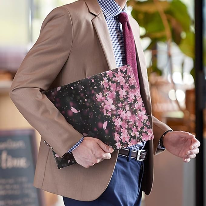Office Folder Pink Cherry Blossom Print PU Leather Padfolio with A4 Size Clipboard Clip for Business Resume Interview Document Sleeve Binder Folder for Men/Women