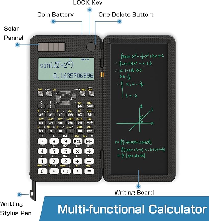 Scientific Calculator with Writing Tablet,ROATEE 991 MS Foldable 2-Line Display Science Calculator with Notepad,Middle High School Supplies for Students & College,Solar & Battery Powered,Easy to Carry