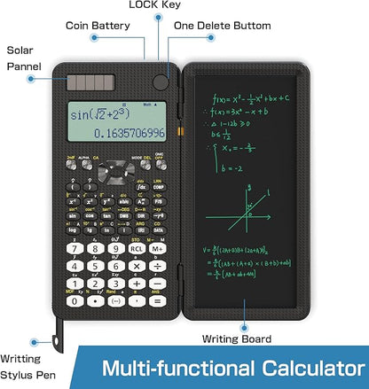 Scientific Calculator with Writing Tablet,ROATEE 991 MS Foldable 2-Line Display Science Calculator with Notepad,Middle High School Supplies for Students & College,Solar & Battery Powered,Easy to Carry