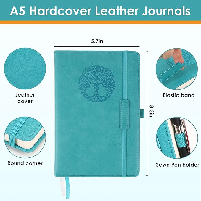 Lined Journal Notebook for Women Men A5 Hardcover Leather Journals College Ruled Notebooks 300 Pages 5.7 x 8.3 Inches Turquoise