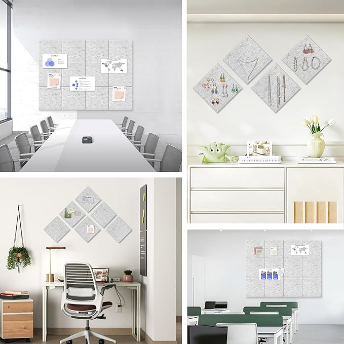 Large Cork Board for Office Wall Decor,48"x36"-12 Pack Felt Wall Tiles with 35 Push Pins, Thicker 0.47in, Felt Bulletin Board Pin Board Cork Boards for Walls - Light Grey