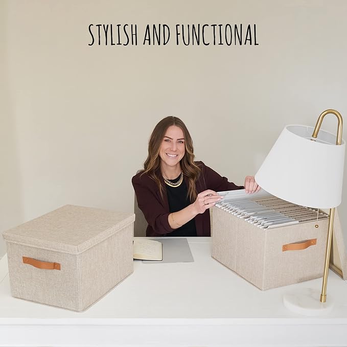 ZICOTO Decorative File Organizer Box Set of 2 - Collapsible Linen Filing Cabinets w/Handles Are Perfect to Store all Your Documents & Hanging File Folders - Portable Easy Slide Crates with Lid