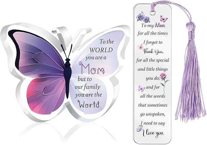 Mommy Gifts for Women Acrylic Plaque Bookmark Set Birthday Gifts for Mom Personalised Butterfly Keepsake Bookmarker Mothers Day Christmas Gifts for Her from Daughter Son Mum You are The World