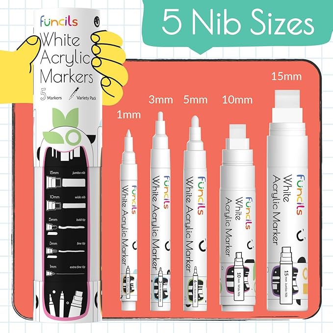 5 Acrylic White Paint Pens - Fine & Jumbo Size Ink Pens (1mm, 3mm, 6mm, 10mm, 15mm) - Permanent White Marker Ink for Rock Painting, Fabric, Tire, Metal, Wood, Canvas, Glass, Plastic, Ceramic