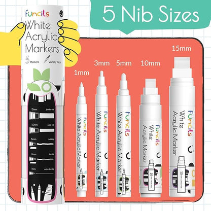 5 Acrylic White Paint Pens - Fine & Jumbo Size Ink Pens (1mm, 3mm, 6mm, 10mm, 15mm) - Permanent White Marker Ink for Rock Painting, Fabric, Tire, Metal, Wood, Canvas, Glass, Plastic, Ceramic