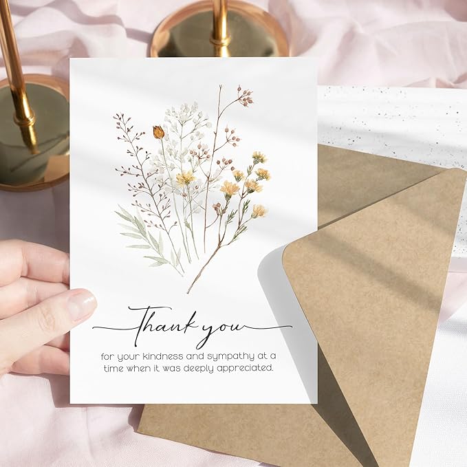 50 Pcs Funeral Thank You Cards with Envelopes Message Inside and Matching Stickers - Bulk 4×6 Watercolor Boho Wildflower Bereavement Thank You Cards for Funeral - Sympathy Thank You with Message Card