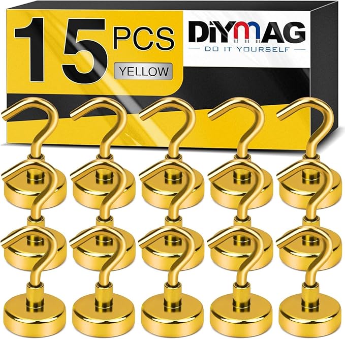 DIYMAG Magnetic Hooks, 30Lbs Strong Heavy Duty Cruise Magnet S-Hooks for Classroom, Fridge, Hanging, Cabins, Grill, Kitchen, Garage, Workplace and Office etc, (15 Pack-Yellow)