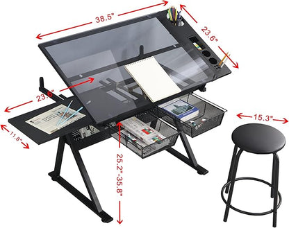 LifeSky Drafting Table Adjustable for Artists - Art Drawing Desk with Storage for Painting Sketching - Glass Top for Painters Illustrators Cartoonists Black