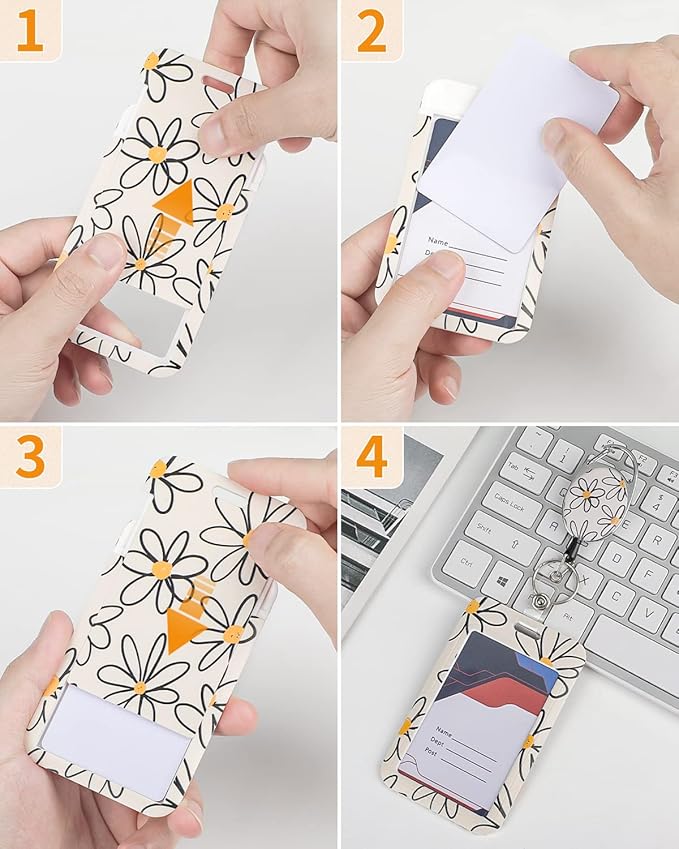 Uniclife Floral Sliding Badge Holder White Flower Plastic Case with Retractable Badge Reel Carabiner Clip & Detachable Lanyard Strap Fashionable Vertical Card Protector for Women Nurse Teacher Student