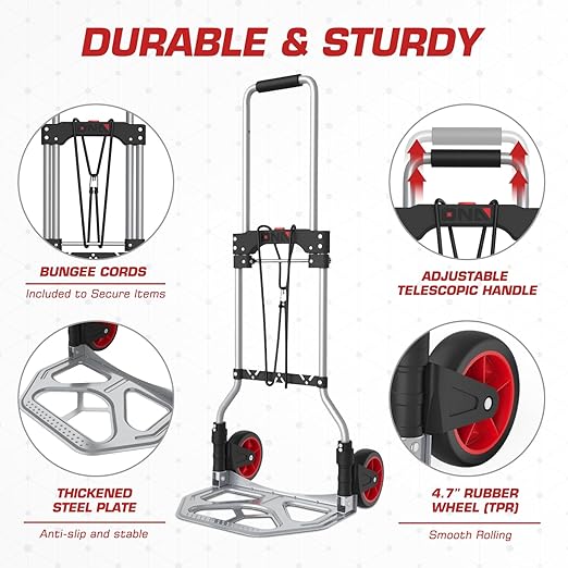 DNA MOTORING Folding Hand Truck, 176lbs Capacity Foldable Dolly Cart for Moving Heavy Loads, Collapsible Hand Truck, w/Telescopic Handle, Bungee Cord, Red, TOOLS-00744