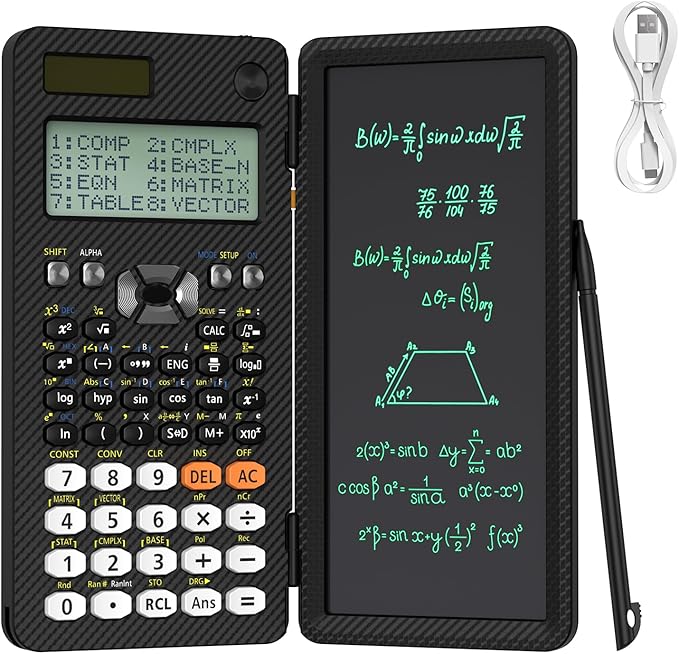 Rechargeable ROATEE 991ES Scientific Calculators, CalcNote Multiview 4-Line Display with LCD Writing Tablet, Foldable Portable with Notepad for Business High School College Students and Teacher(Black)