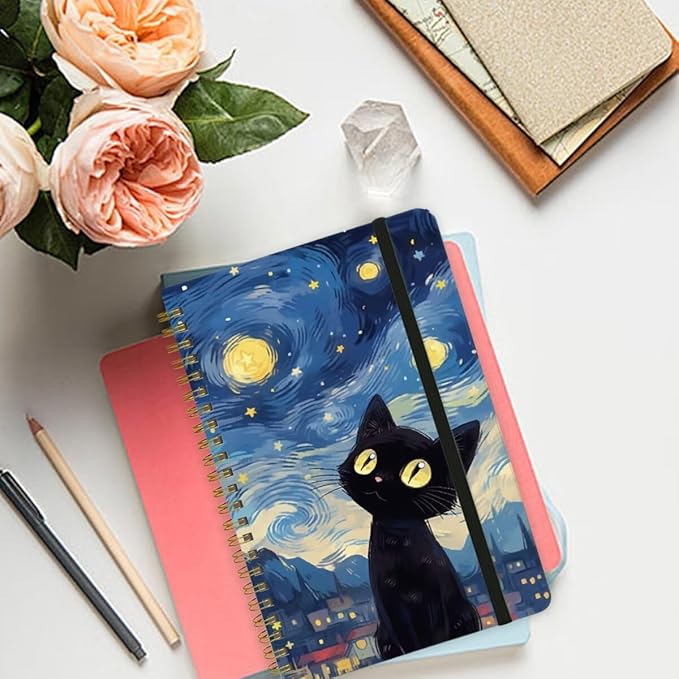 Spiral Notebook - A5 Spiral Notebooks, 8.3'' × 5.8'', 160 Pages, Aesthetic Journaling Notebooks for Women, College Lined Notebook with Elastic Closure, Back Pocket, for School Office, Cat Sky