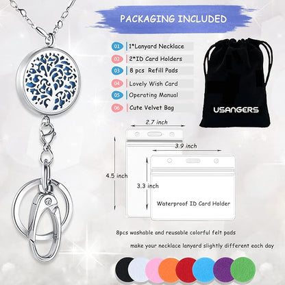 Lanyards for ID Badges and Keys, ID Badge Holder with Lanyard Stainless Steel Keychain Diffuser Necklace Lanyard Badge Lanyards for Women Teacher Nurse Student Office Work Jewelry Family Tree