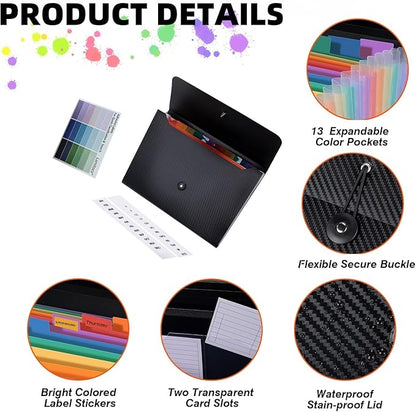 2 PCS Expanding File Folder A4,13 Pockets File Organiser with Colored Tags, Paperwork A4 Plastic Wallet Document Storage Expander for School,Office and Home, Black(Color), 2