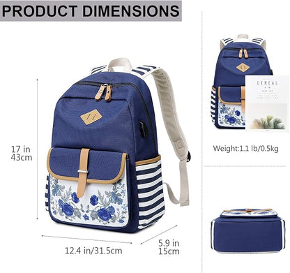 Goldwheat Girls Backpack Canvas Schoolbag Bookbag Laptop Bag Rucksack with USB Charging Port
