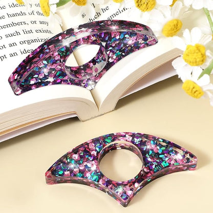 Rhinestones Book Page Holder, Glitter Crystal Thumb Book Holder, Sector Resin Book Opener Handmade Thumb Bookmarks Reading Accessories for Birthday Party Wedding Gifts(Purple Green)