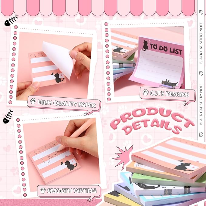 9 Pads Cute Sticky Notes Cartoon Animal Self Stick Notepads 3x3 Inches Notes Adhesive Memo Pad Office Decor Gifts for Students School Office Meeting(Black Cat)