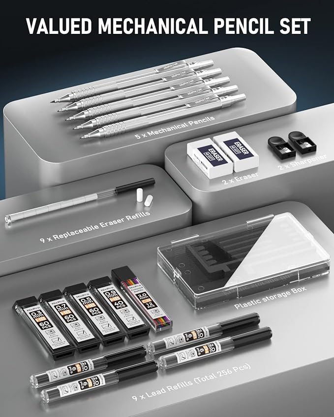 Nicpro Metal Mechanical Pencil Set, 5 PCS Art Drafting Pencils 0.3, 0.5, 0.7, 0.9 mm & 2mm Graphite Lead Holder For Sketching Drawing With 9 Tubes (4B 2B HB 2H Colors) Lead Refills Erasers Case