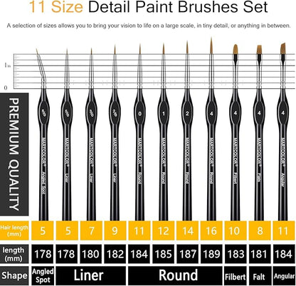 Detail Paint Brush Set,11pcs Miniature Paint Brushes for Fine Detailing, Art Painting, Micro Paint Brush Set for Acrylic, Watercolor, Oil, Paint by Number, Citadel, Figurine, Models, 40k