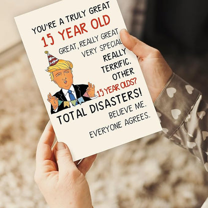 Funny Trump 15th Birthday Card for Him Her, Happy 15th Birthday Decorations for Girls Boys, Humor 15 Years Old Birthday Card Gifts for Daughter Son Niece Nephew